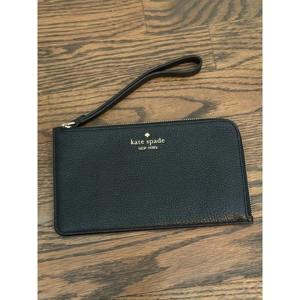 Kate Spade NY Black Pebbled Leather Zip Wristlet Wallet Clutch Large